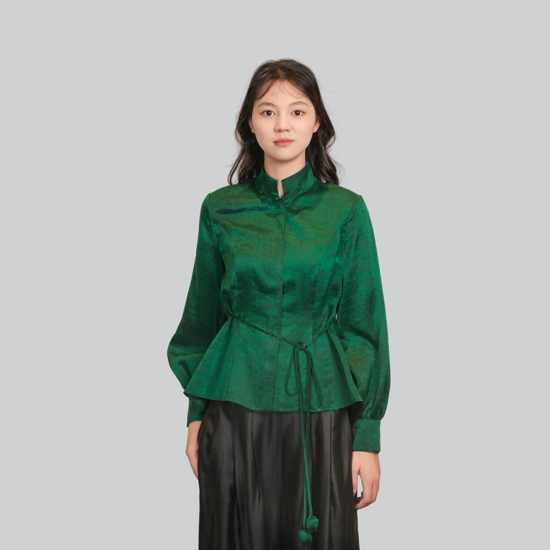 香云故里·松石绿素平缎香云纱长袖抽绳立领外套XB25-G03077