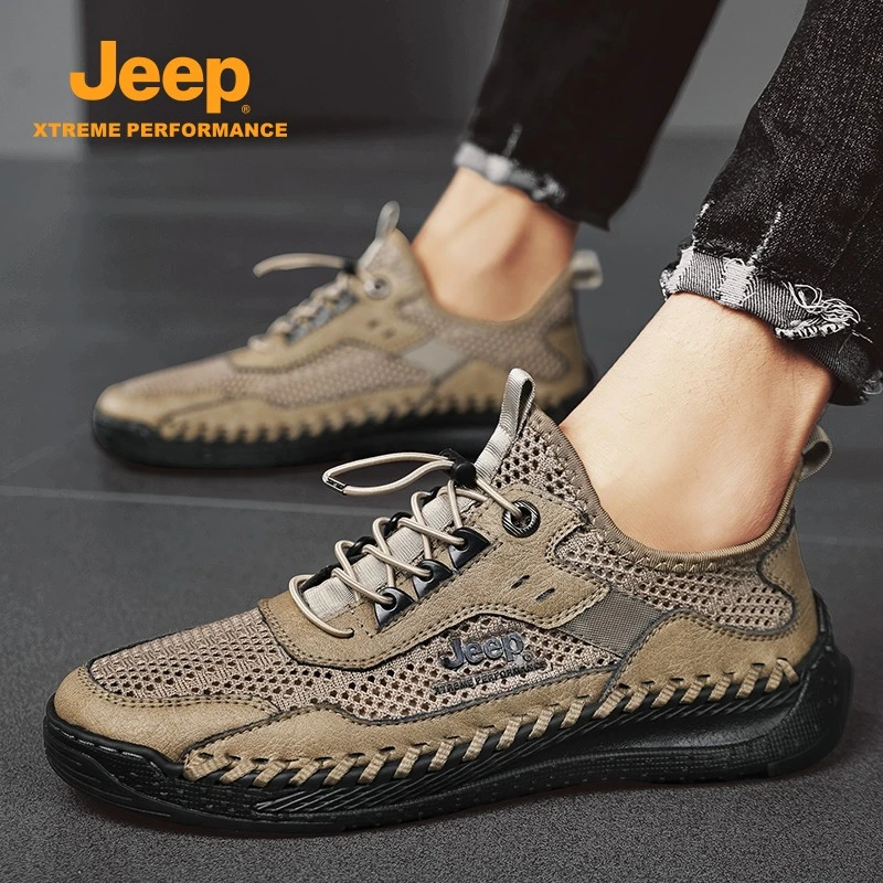 jeep吉普夏季男鞋2025新款透气高颜值户外休闲鞋网面沙色夏运动鞋