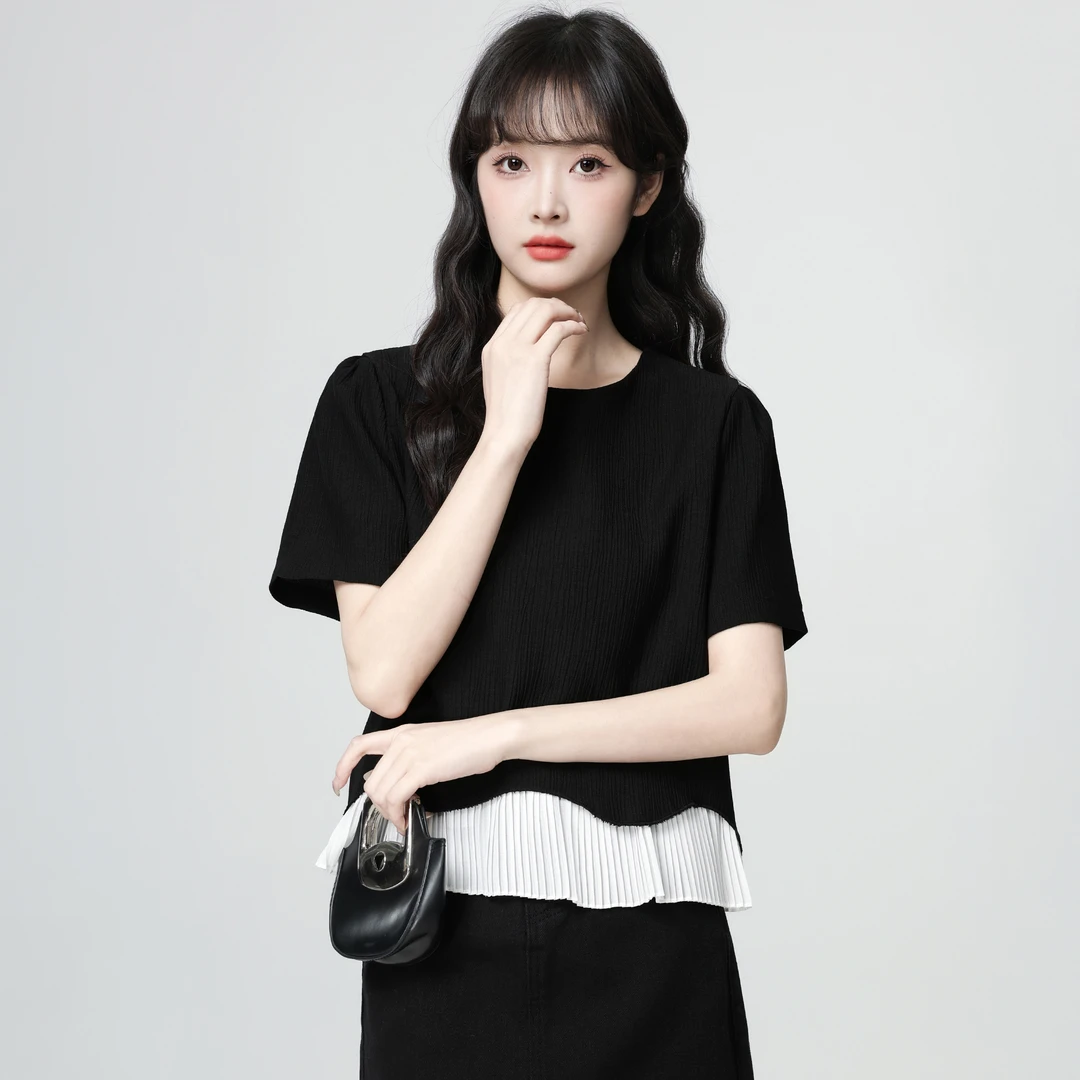 黑色圆领短袖T恤女夏2025夏季新款设计感波浪边拼接体恤正肩上衣