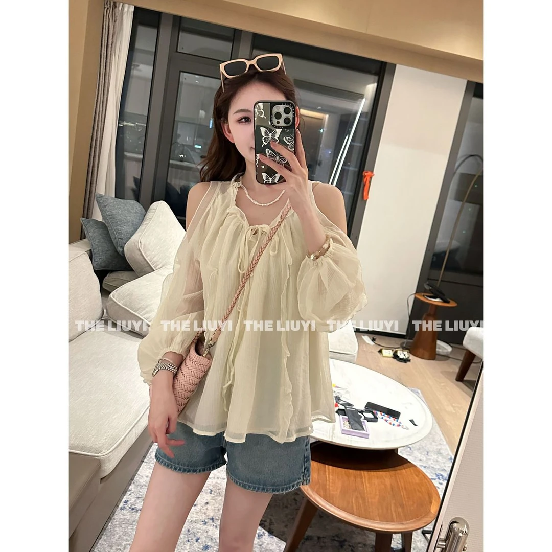 【LIUYI】风吹半夏~夏季温柔风露肩荷叶边上衣54111