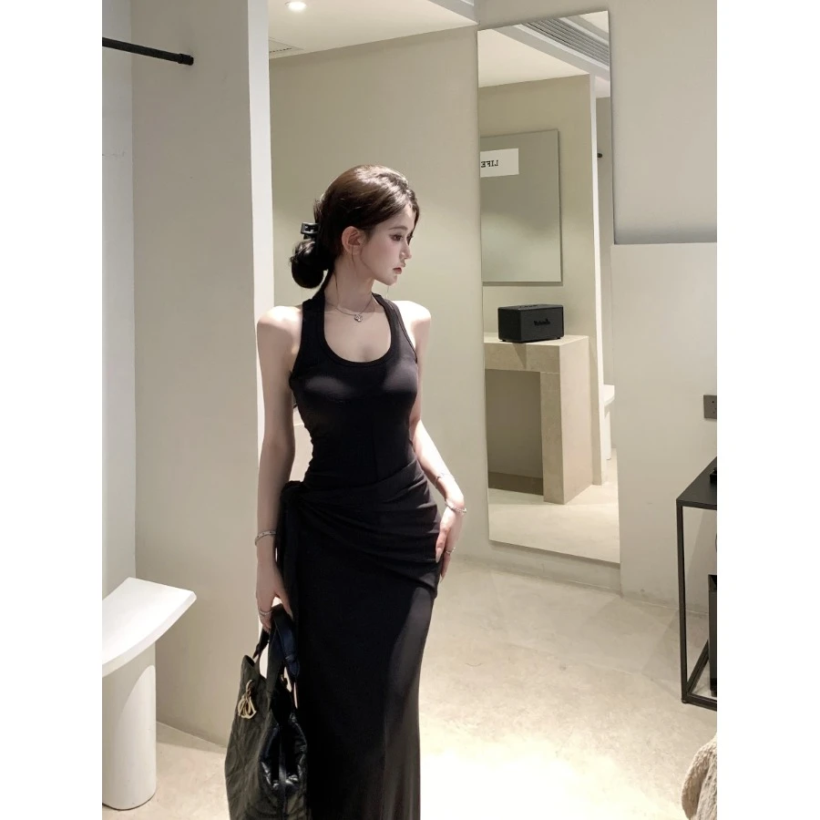 黑色u领无袖工字背心连衣裙女夏季辣妹修身收腰包臀裙子气质长裙