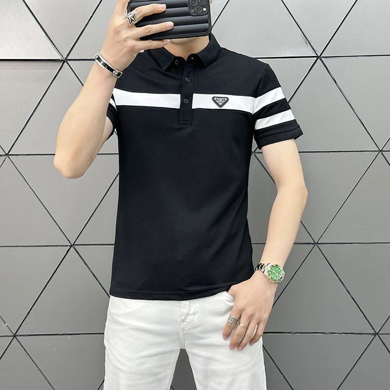 男士短袖撞色拼接polo衫夏季薄款t恤时尚高级感翻领休闲痞帅体恤
