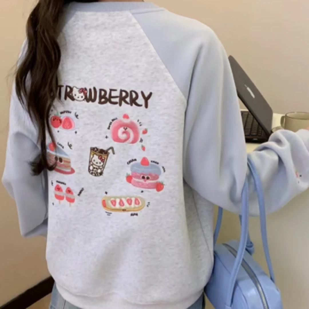 25春季新款草莓KT猫后背重工刺绣圆领卫衣韩版宽松显瘦