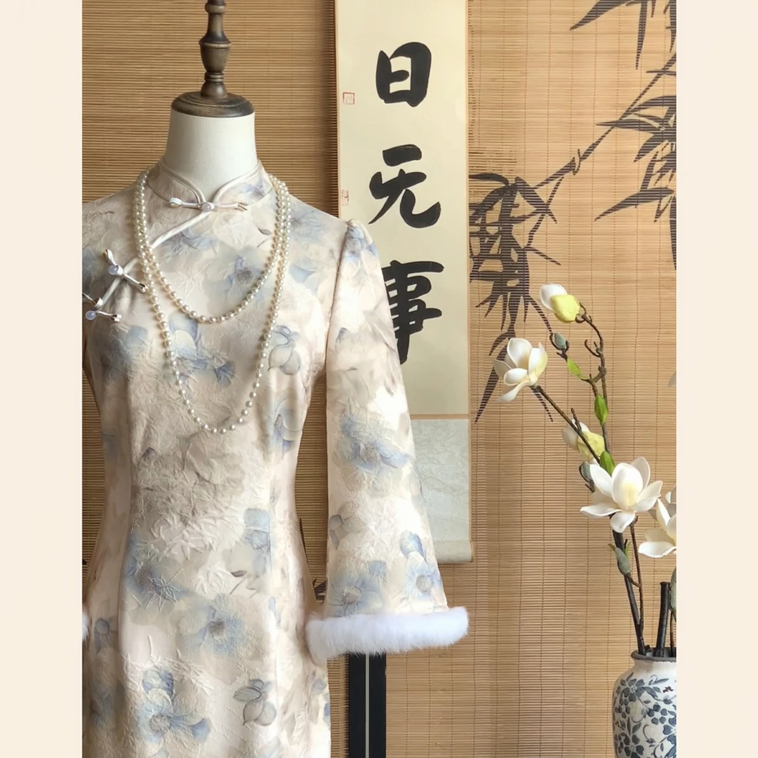 【白薇】秋冬款加绒新中式改良旗袍毛毛大袖气质复古国风连衣裙女