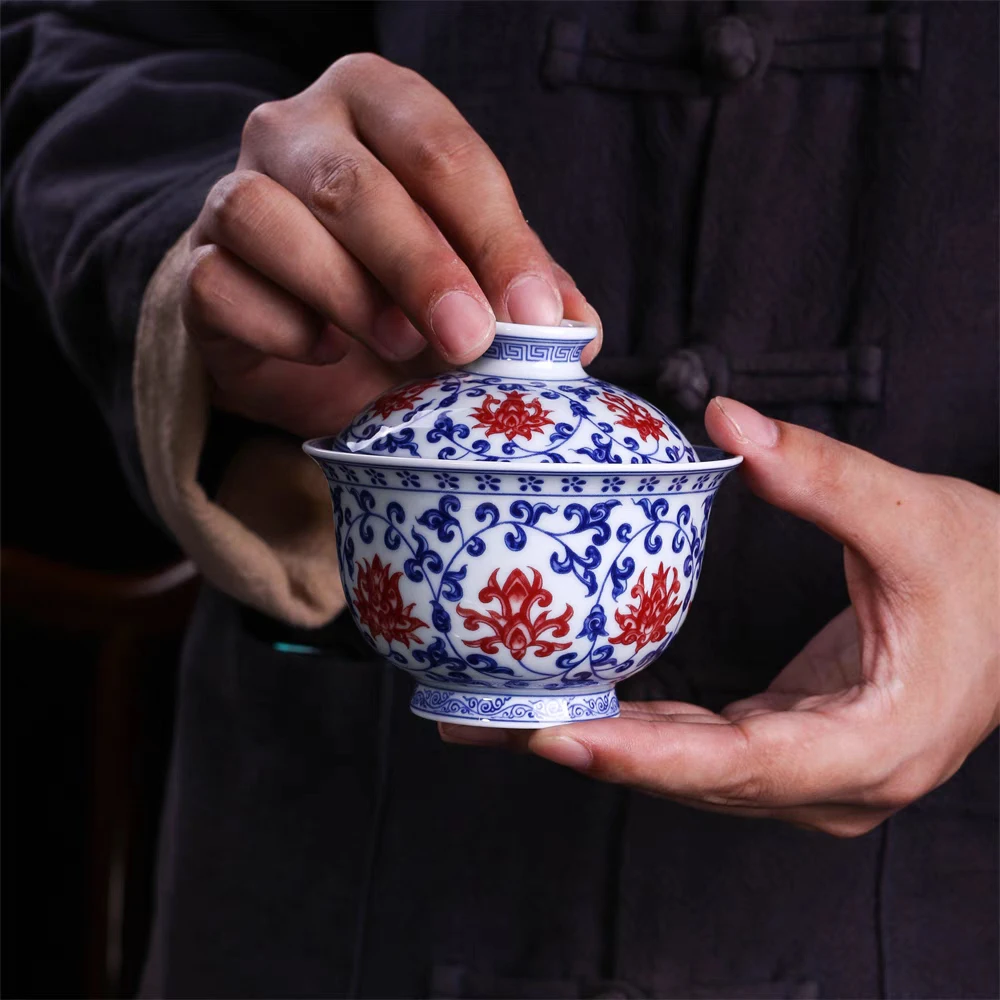 景德镇七丞堂釉下彩青花釉里红缠枝莲高端茶具二才单盖碗单壶承