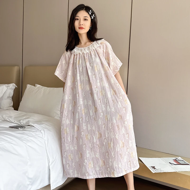 夏季纯棉睡裙特大码200到300斤睡衣女士薄款休闲连体裙松蕾丝睡裙