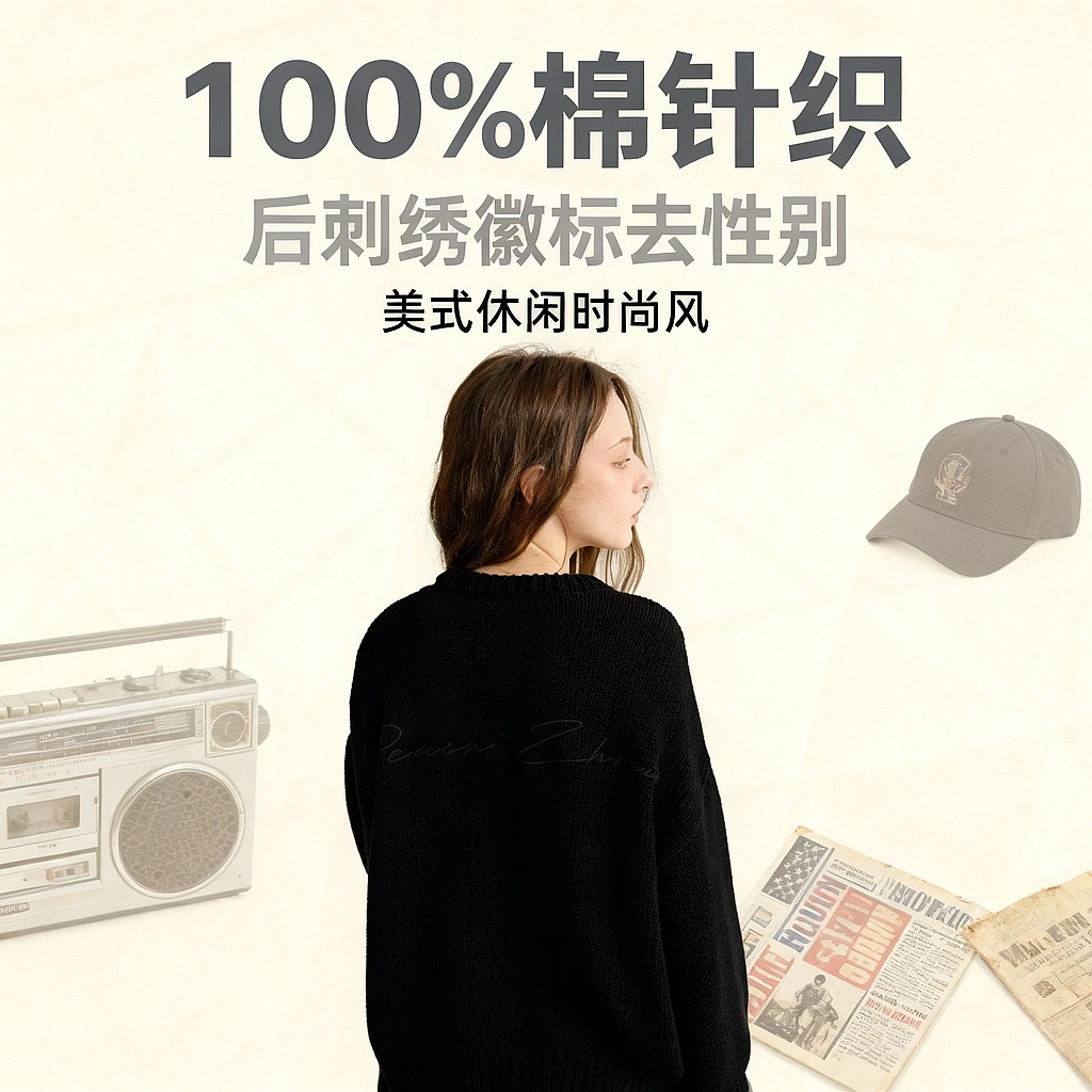 『PEACHZHOU』后刺绣徽标毛织落肩宽松圆领毛衣美式休闲中性针织衫