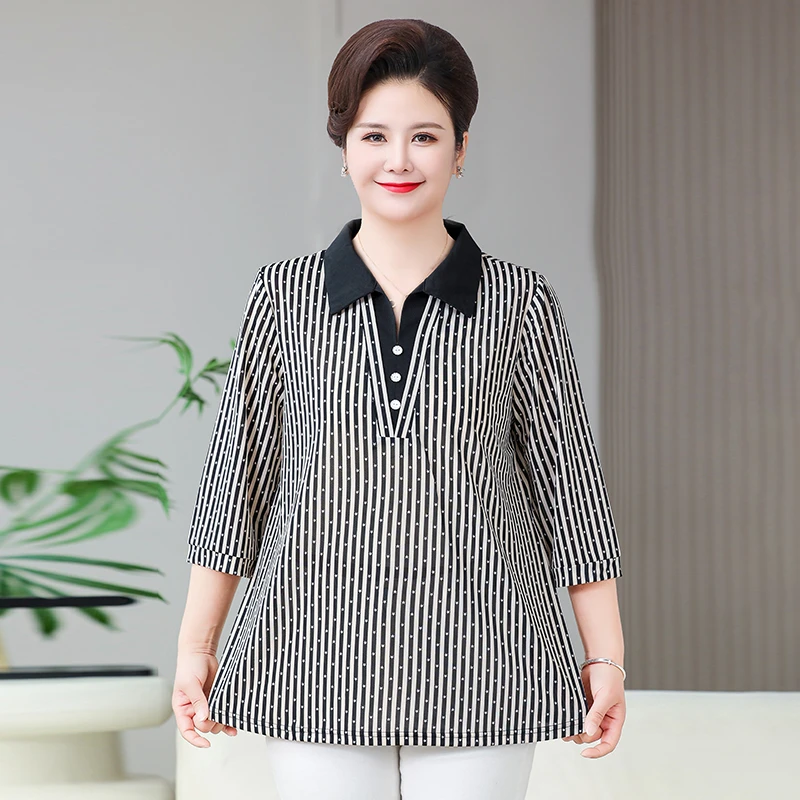 90-225斤特大码妈妈装夏季休闲宽松条纹翻领中袖衬衫中老年女衬衣