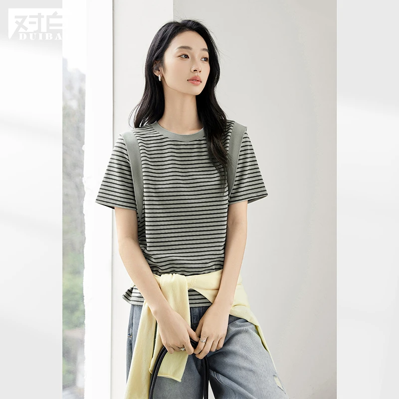 对白设计感撞色条纹短袖T恤女2025夏季新款休闲正肩显瘦圆领上衣