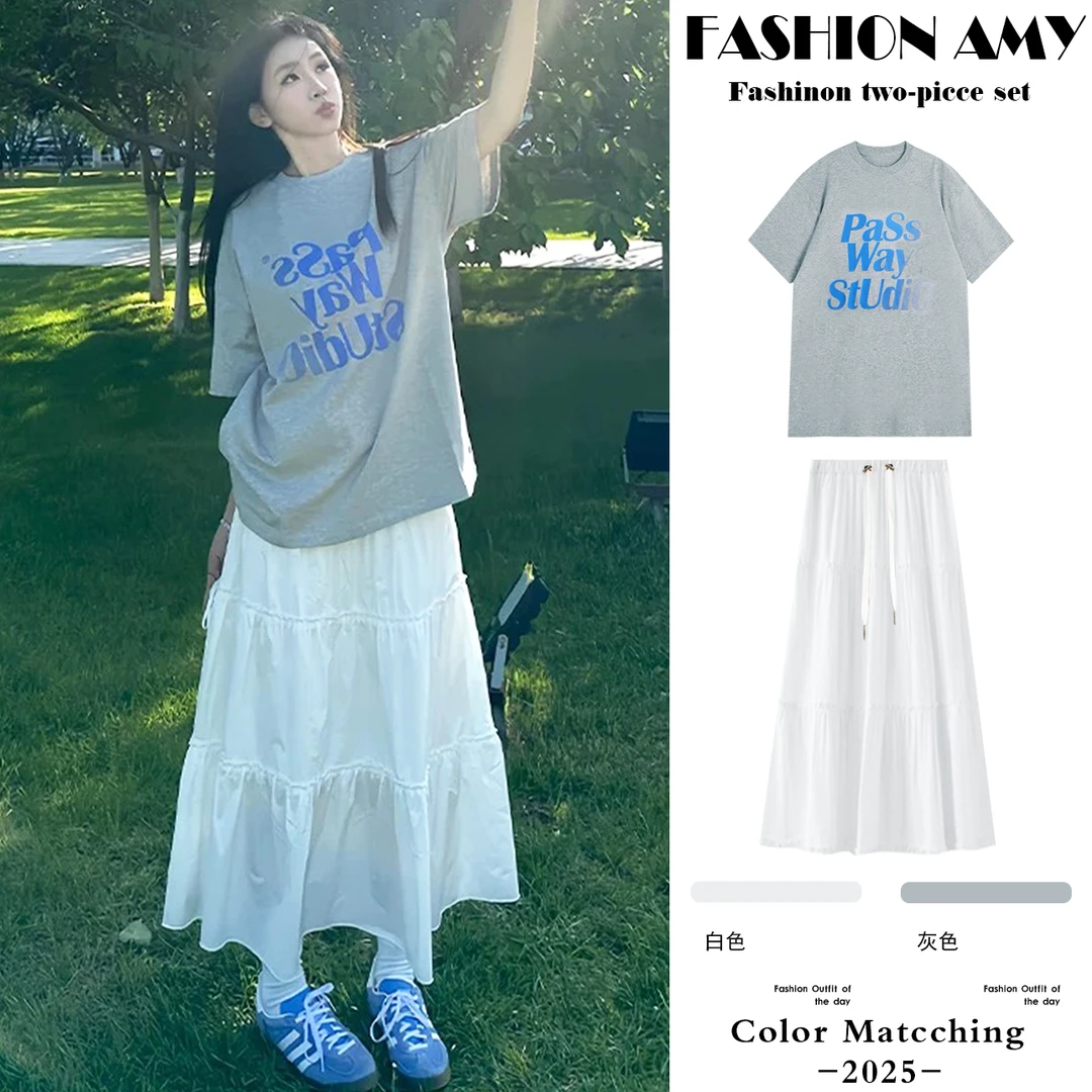 孕妇套装夏装新款时尚韩版宽松休闲字母短袖T恤显瘦蛋糕半身裙子1