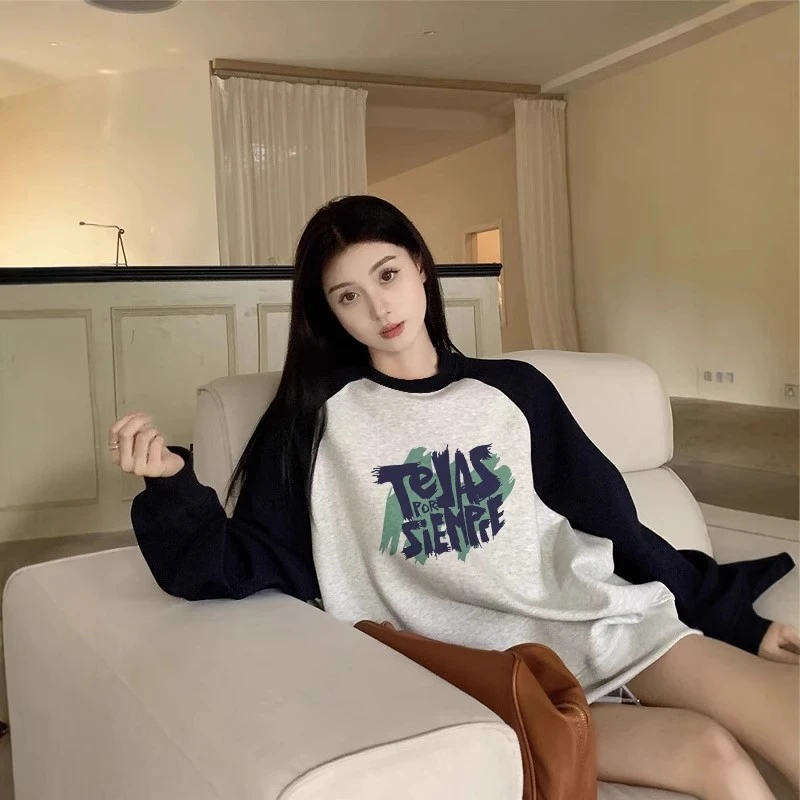 胖mm300斤美式插肩袖卫衣女秋冬加绒复古外套ins保暖大码撞色上衣