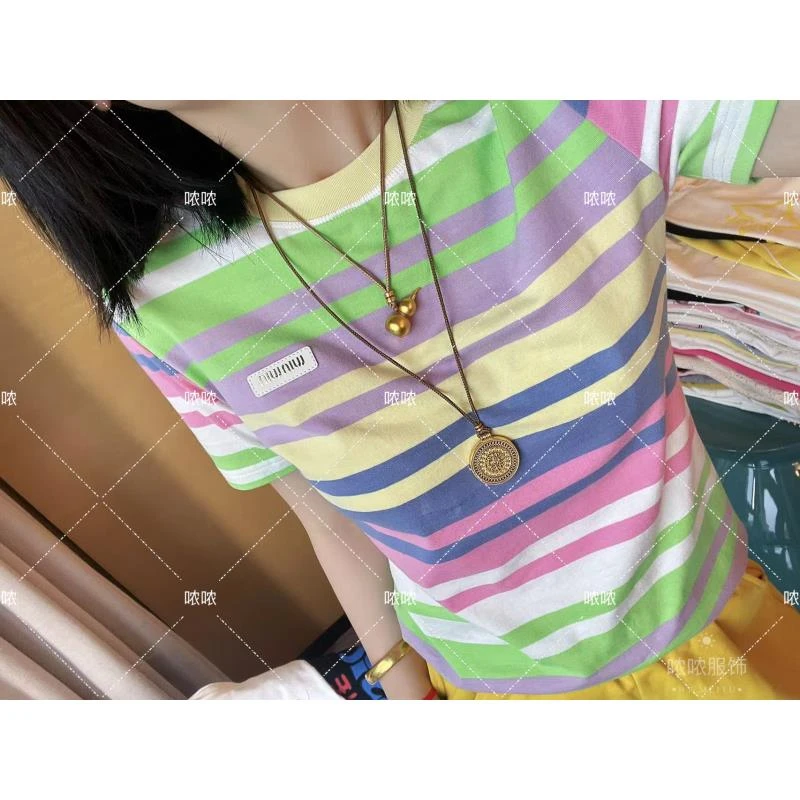 哝NONG【彩虹条纹】-2025百搭T恤彩虹条纹拼接圆领短袖上衣0892515