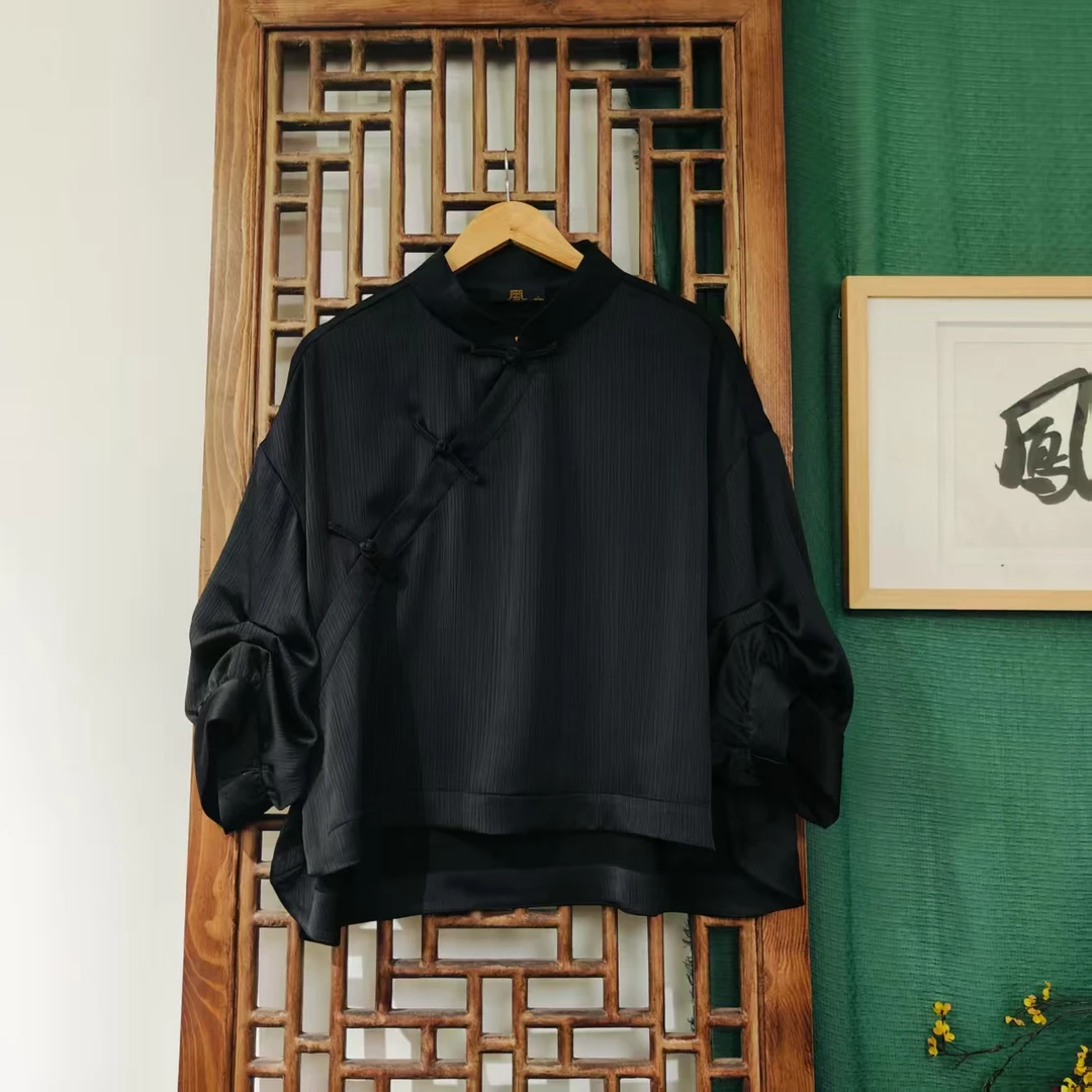 凤徕兮私人定制黑色光板捏褶袖斜襟盘扣短上衣 (SY4211)  LS488-7