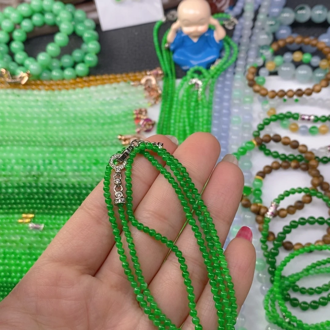 颈饰未镶嵌翡翠缅甸天然翡翠冰种浓正阳绿小米珠项链2.8