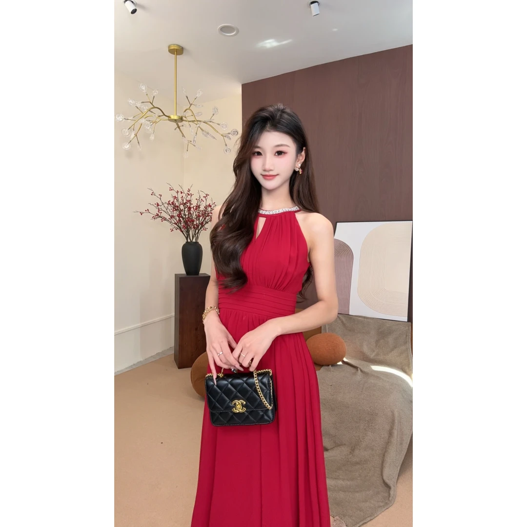 LILYAN【红鸾】2025夏季新款红色收腰订婚晚礼服大摆长裙轻熟连衣裙