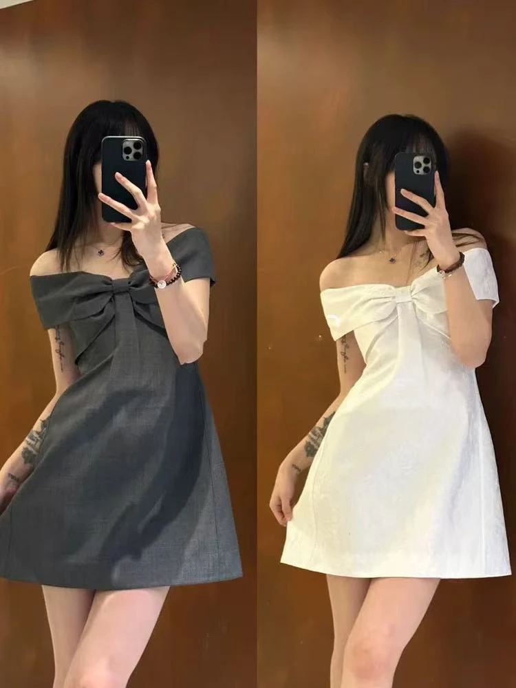 【现货48小时发南油品质 女款sst高定蝴蝶结一字肩吊带连衣裙女