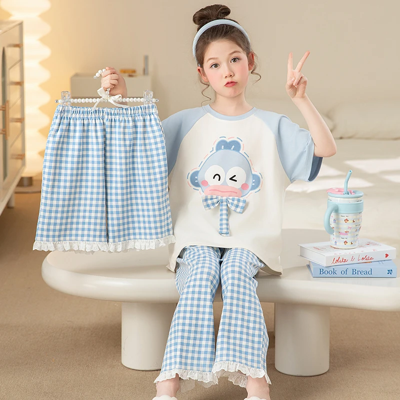 bejirog/北极绒洋气可外穿女童夏季纯棉短袖中大童亲子睡衣三件套