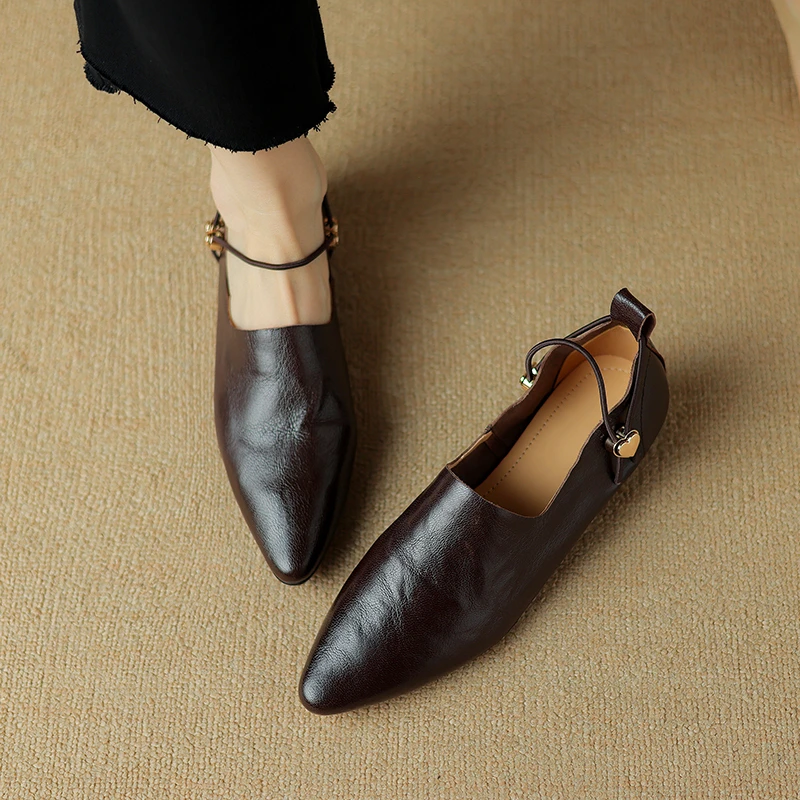 香港1:1开模真皮尖头深口平底鞋子女2025新款春秋百搭爆款单鞋女