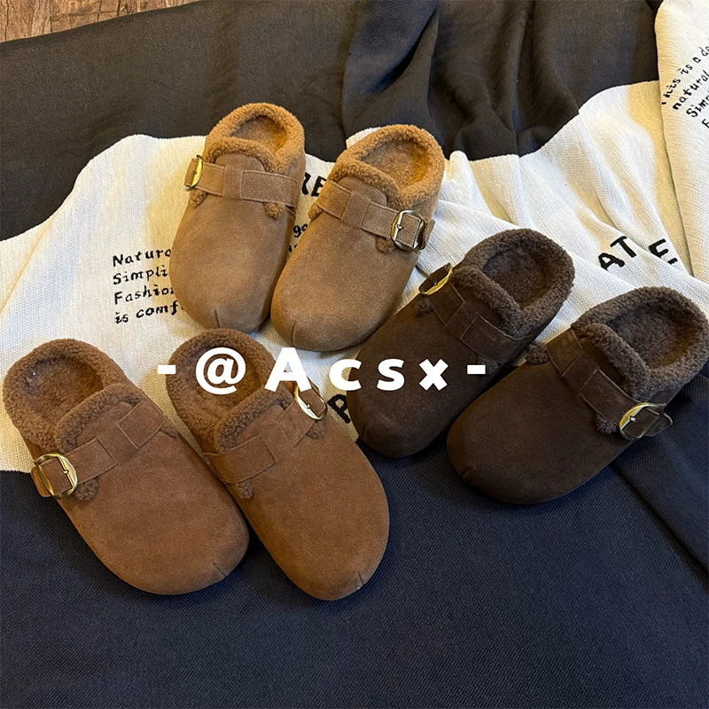 【阿茶】秀气小卡~头层牛皮/跟高5CM /冬季新款保暖厚底勃肯拖鞋女