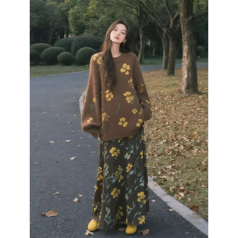 慵懒风咖色图案长袖针织毛衣女2025早秋季韩系上衣碎花半身裙套装