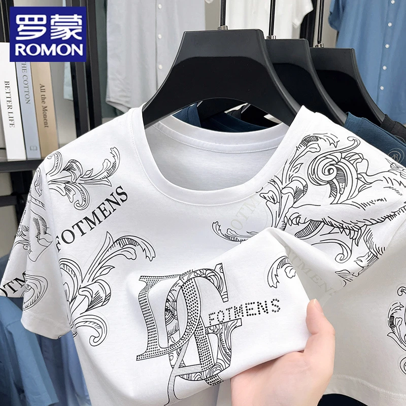 【含桑蚕丝】罗蒙男士新款薄款短袖T恤衫时尚潮流印花中年爸爸夏装