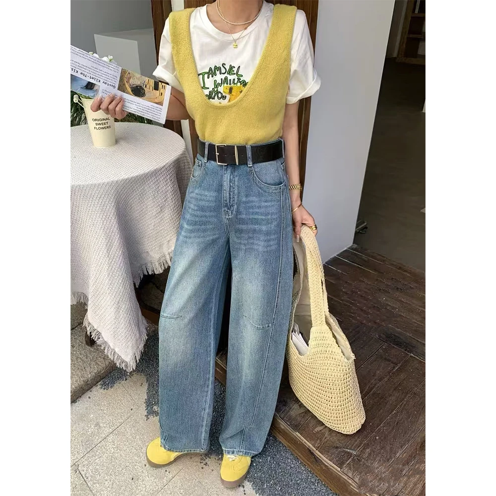 《梨形天菜》弯刀裤蓝色显瘦休闲百搭复古设计感2025春夏新款89221