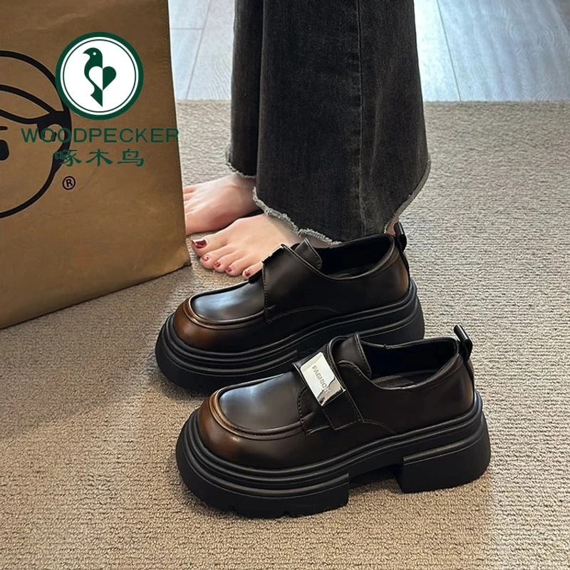 啄木鸟时尚金属扣玛丽珍小皮鞋2025年春季厚底复古英伦风乐福单鞋