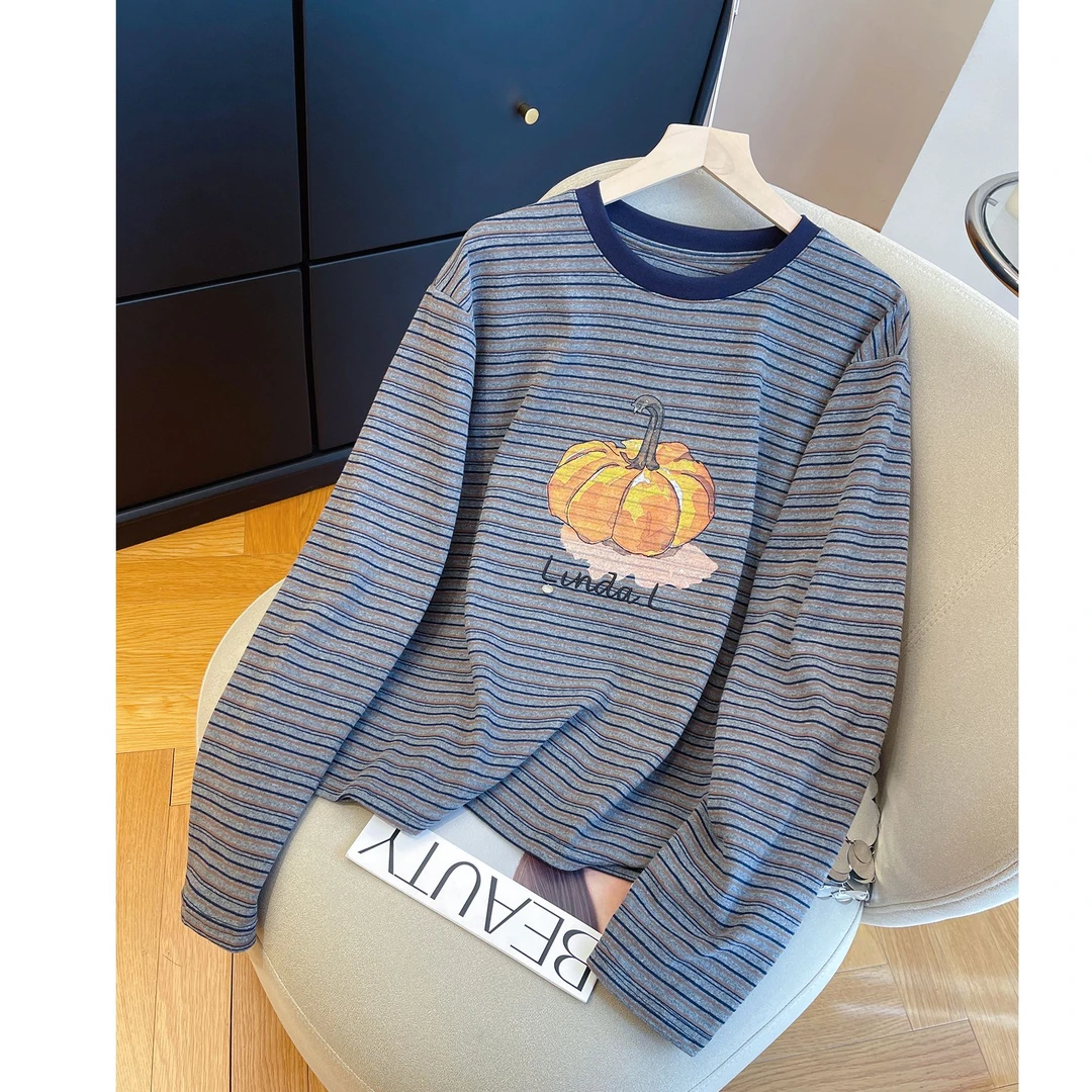 韩版条纹南瓜印花撞色休闲长袖t恤女宽松内搭打底衫超好看上衣秋