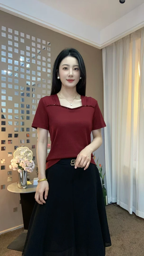 2025夏款U型领纯色手工串珠气质精品洋气时尚减龄显瘦短袖小衫T恤