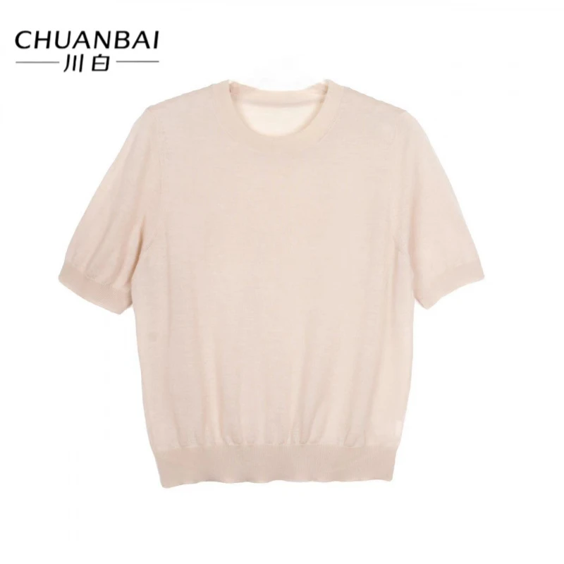 CHUAN BAI 新款超细精仿美丽奴羊毛圆领时尚气质短袖女-5037