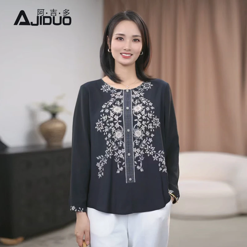 阿吉多黑色印花衬衫女2025新款早秋复古洋气小衫圆领高级大码上衣