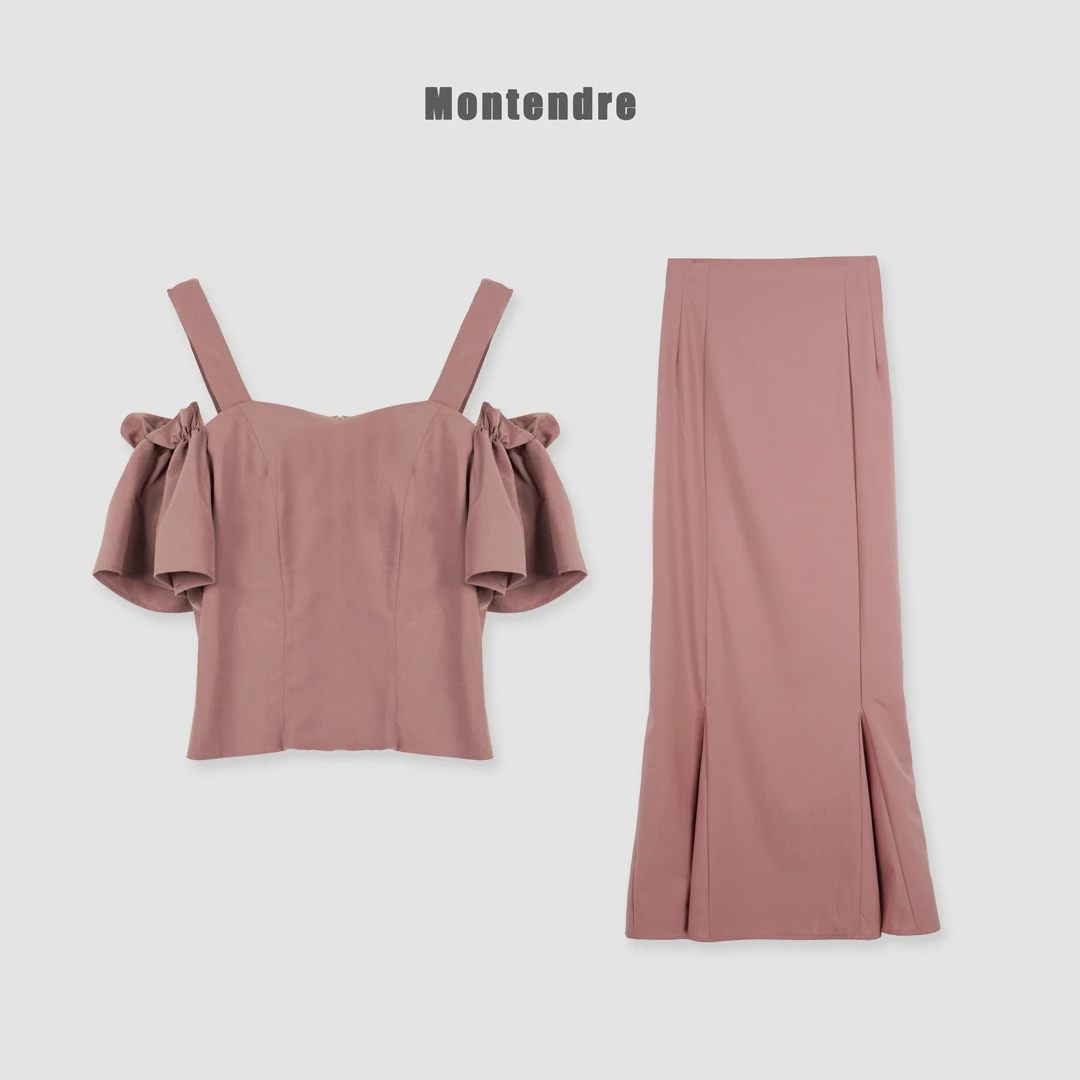 【Montendre】V 夏季新款 收腰休闲时尚显瘦鱼尾裙+可露肩上衣套装