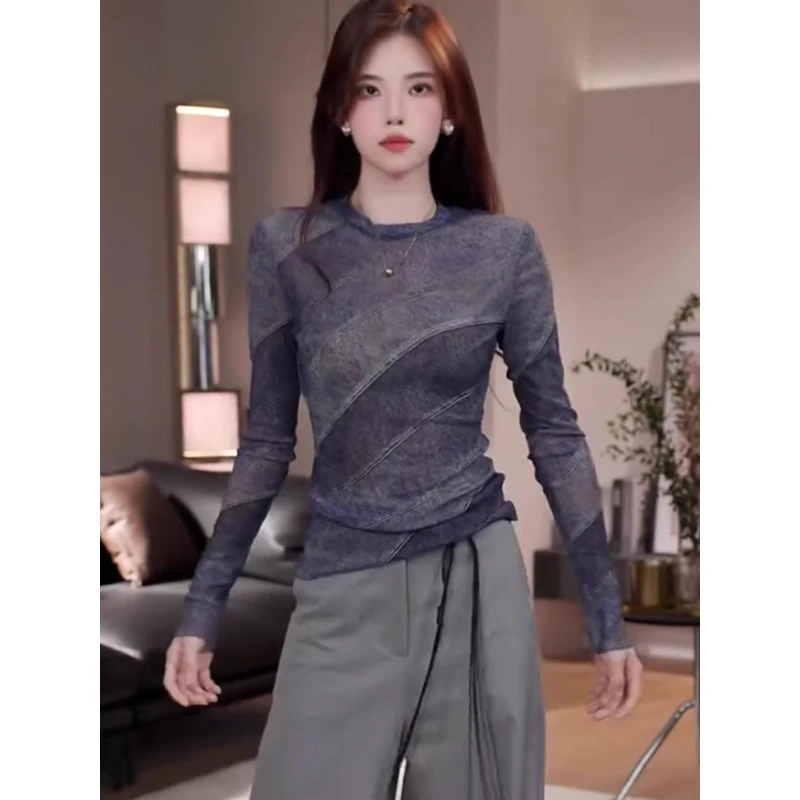 芊芊芙早秋新款时尚圆领洋气拼接长袖T恤女气质修身显瘦百搭上衣