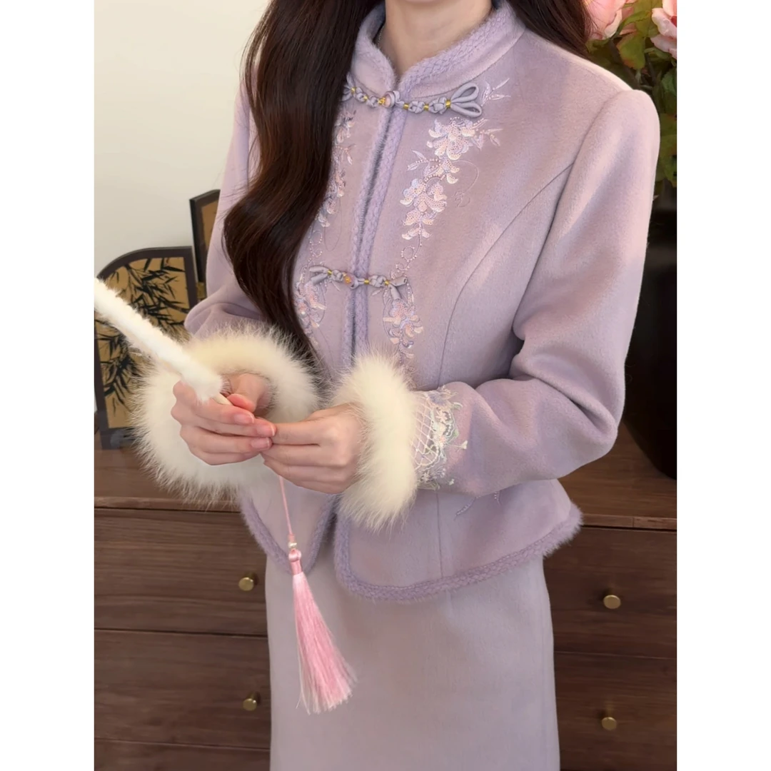 【长安忆】<77>新中式刺绣毛呢羽绒外套加厚+半裙套装XMZH10337冬季