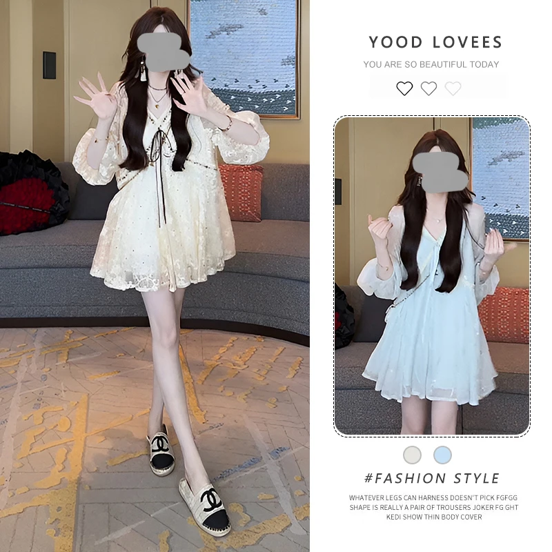 2025夏季新款重工刺绣宫廷风V领连衣裙女高级感撞色拼接显瘦短裙