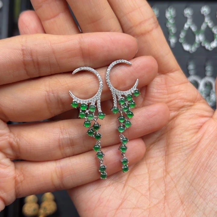 清***浅翡翠银S925镶嵌耳饰