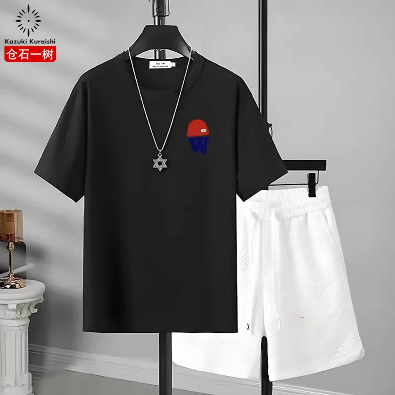 仓石一树夏季新款休闲运动套装男士宽松圆领短袖T恤短裤两件套潮