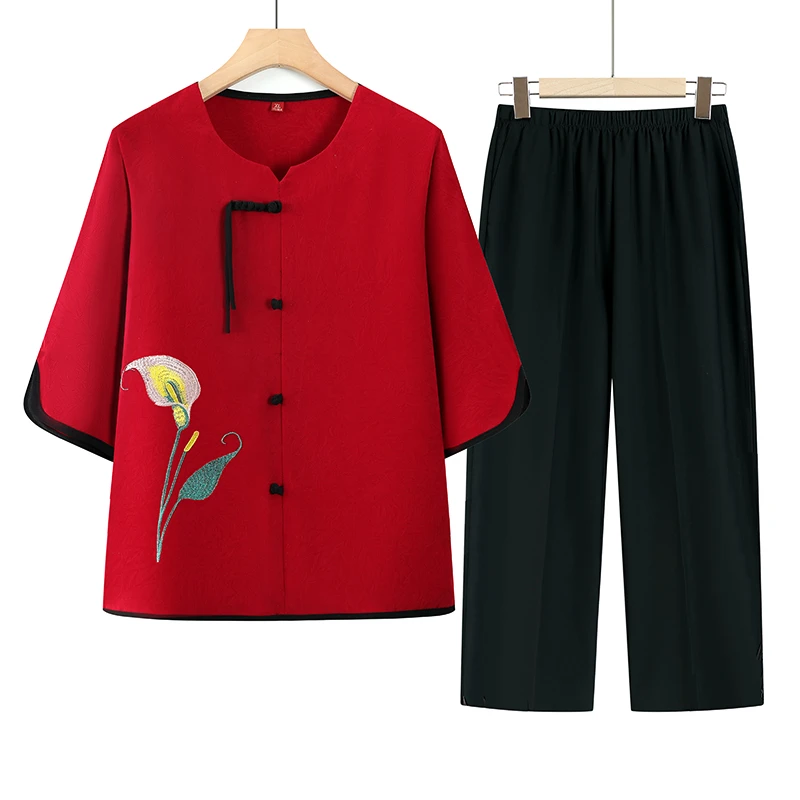 中老年女夏季两件套高档新中式妈妈七分袖T恤+裤子套装国风奶奶装