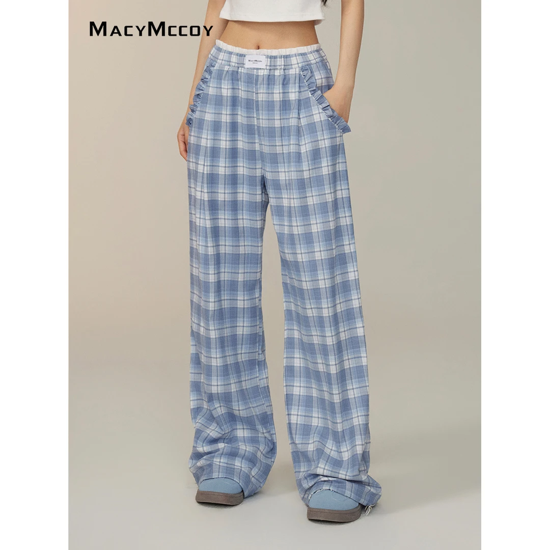 MacyMccoy花边格子阔腿裤女夏季新品假两件设计感松紧腰休闲长裤