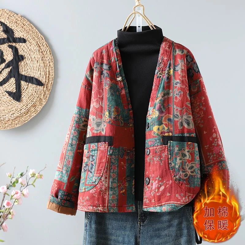 民族风复古印花亚麻棉服女冬季宽松休闲V领短外套夹棉保暖棉袄潮