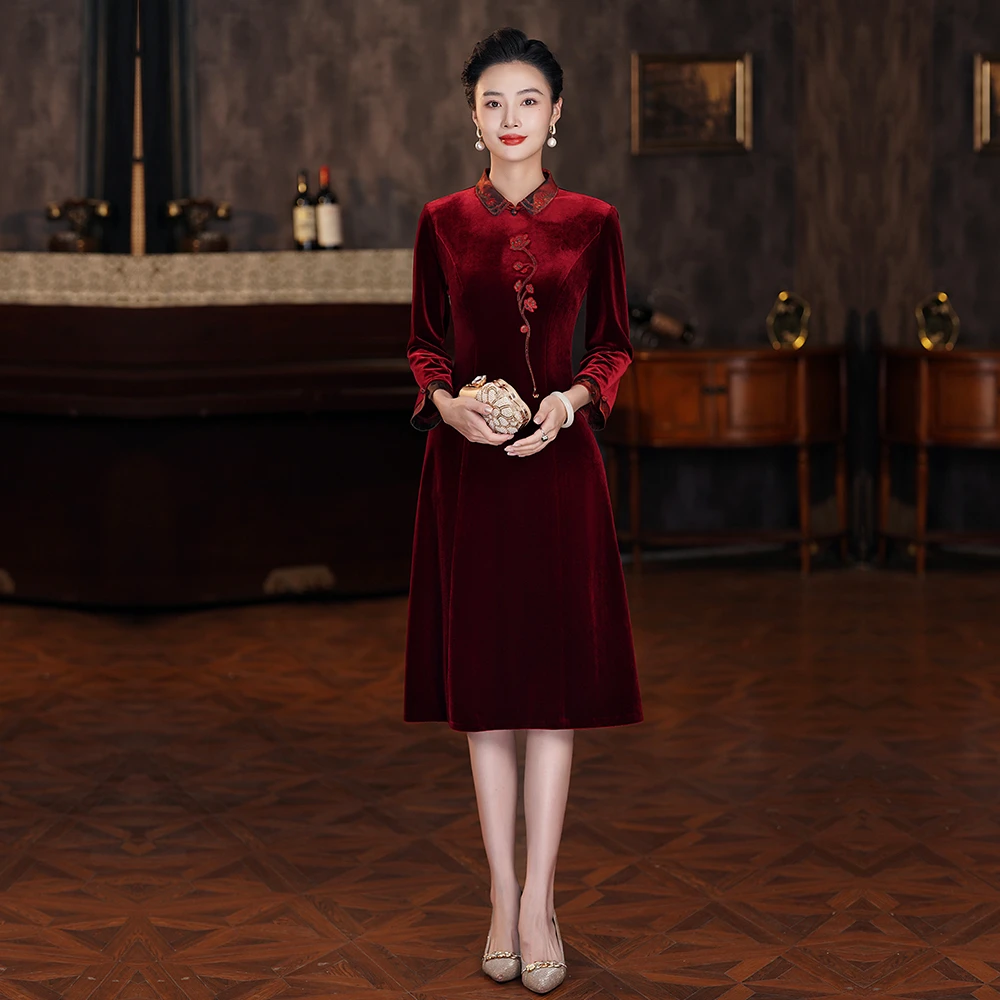 旗袍春秋冬喜婆婆宴会连衣裙中国风喜妈妈宴会女装新中式气质礼服