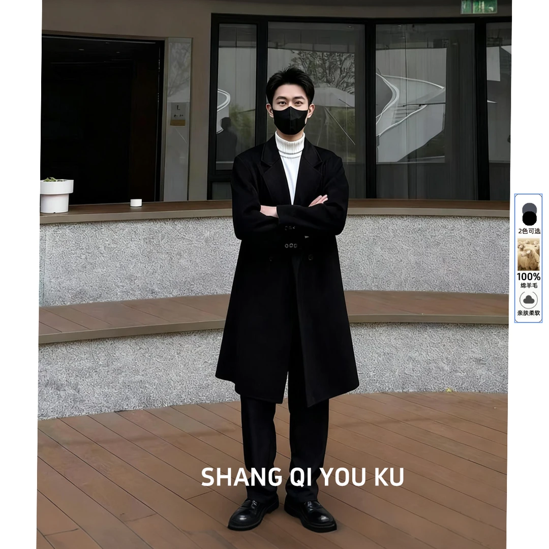 男士100%羊毛双面呢大衣休闲垫肩时尚休闲冬季中长款风衣外套男款