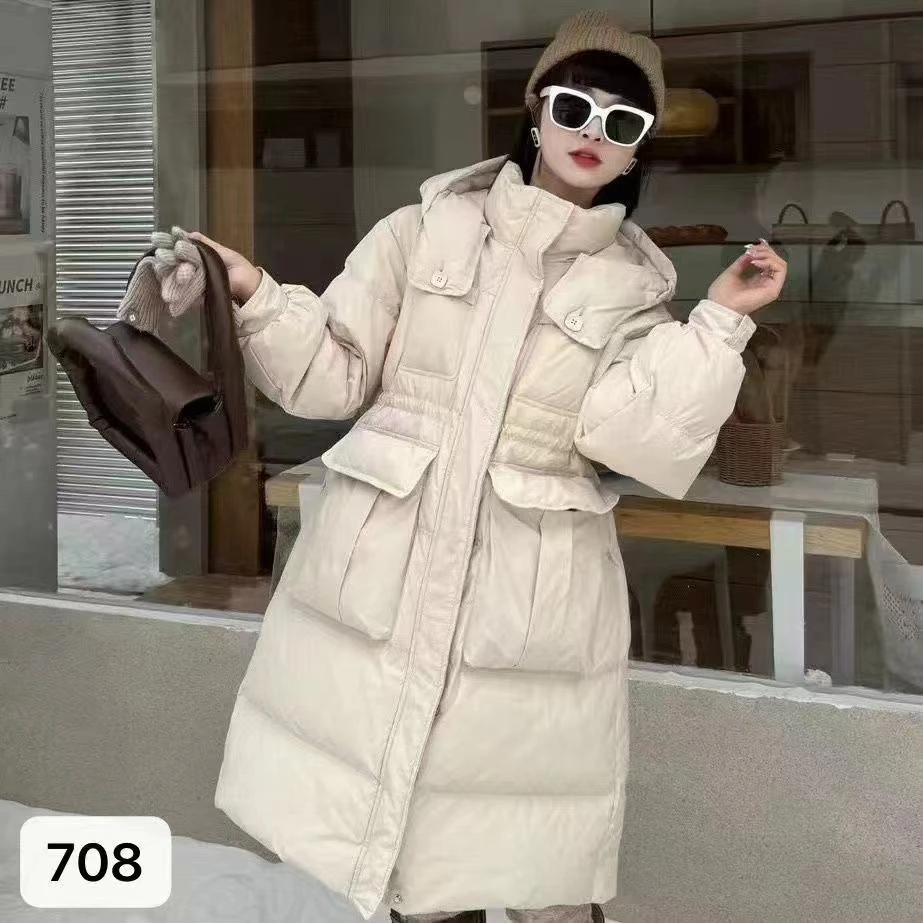 【胖宝推荐】韩版羽绒服长款冬季新款宽松抽绳收腰白鸭绒外套707-2