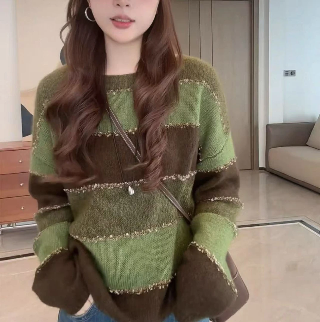 【牛油果可可】慵懒宽松高级绵羊毛山羊绒套头毛衣女秋冬新款