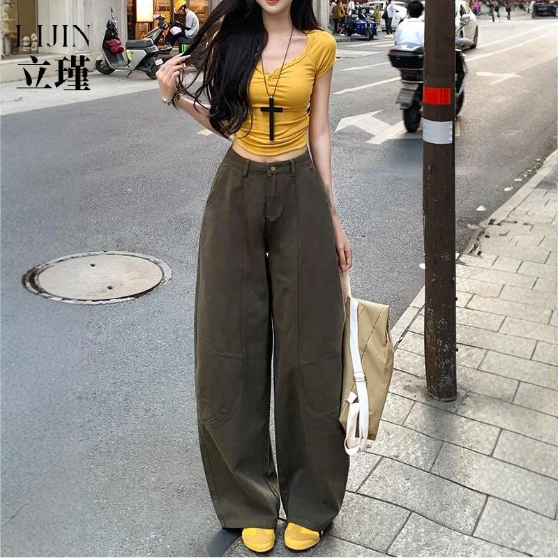 立瑾服饰咖绿色覆古弯刀阔腿裤女2025夏季新款高腰宽松显瘦拖地裤
