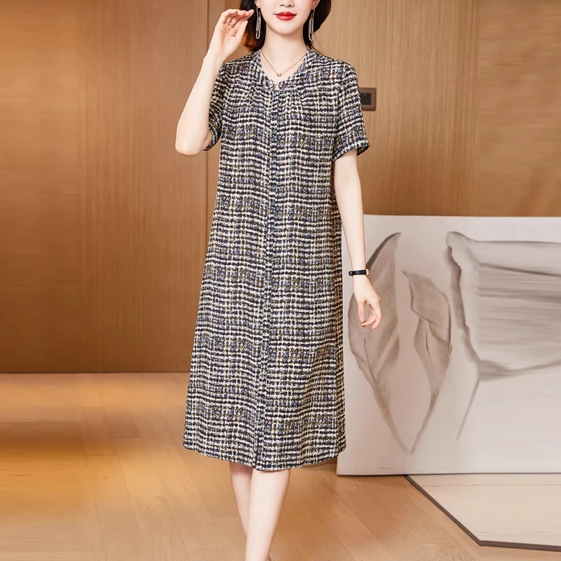 纯桑蚕丝连衣裙杭州百分百真丝2025新款显瘦气质中年妈妈大码印花