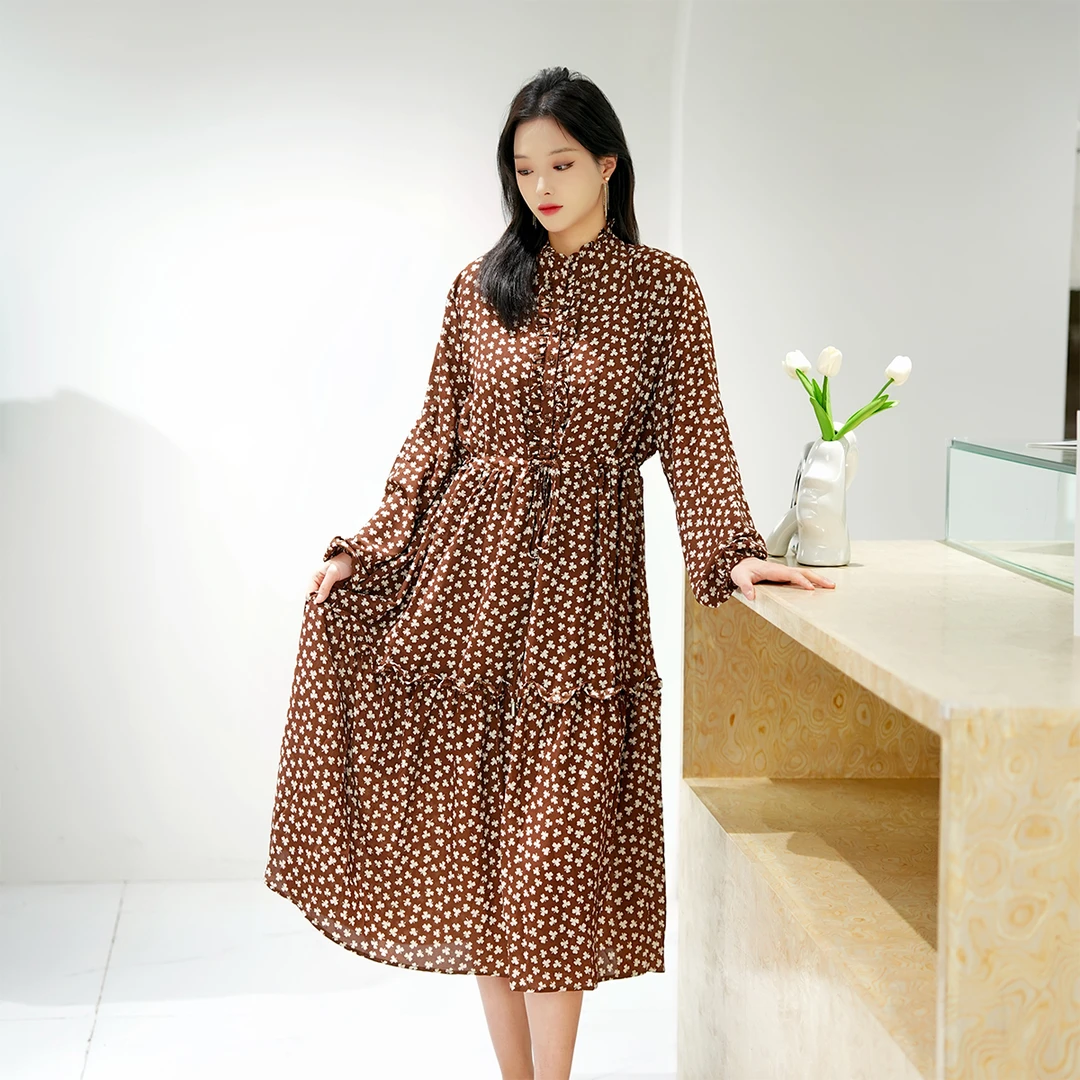 MY TENO/马天奴VHS598【早春上新】印花宽松复古休闲收腰花色连衣裙