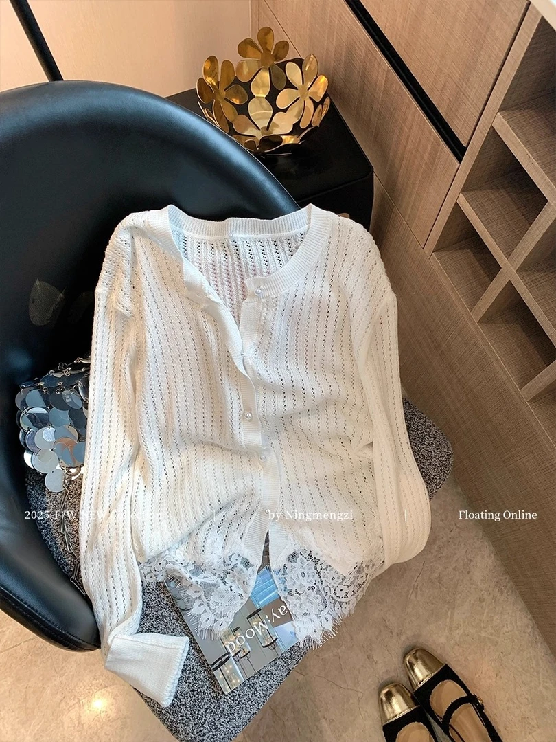 蕾丝拼接镂空薄款针织衬衫女2025年早秋新款洋气慵懒显瘦百搭开衫