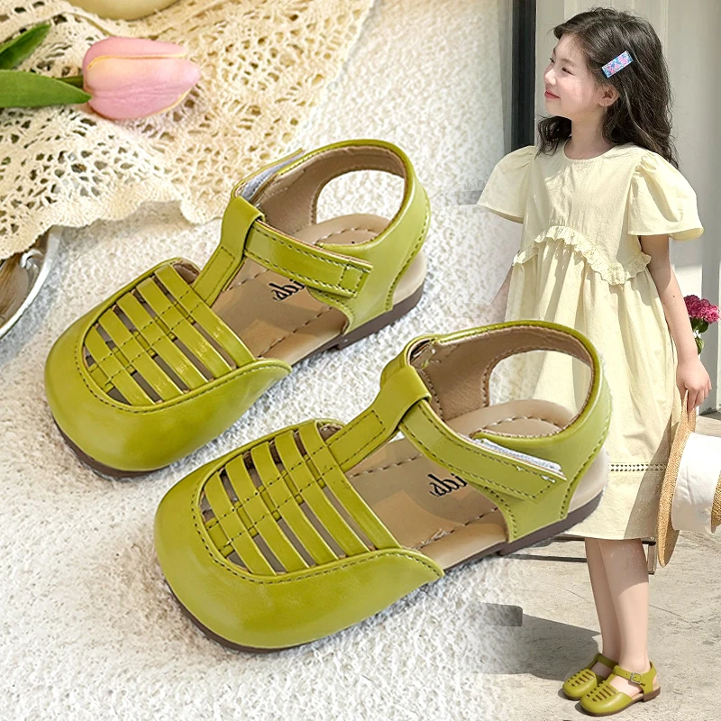 女童凉鞋2025新款夏季儿童小女孩绿色镂空罗马鞋包头公主鞋子软底