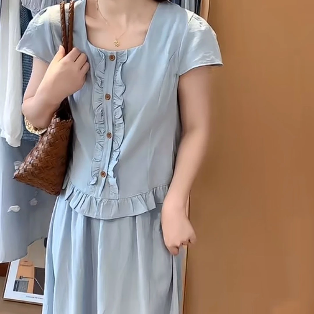 2025新款夏季大码上衣甜美时尚小众减龄短款短袖衬衫半身裙两件套